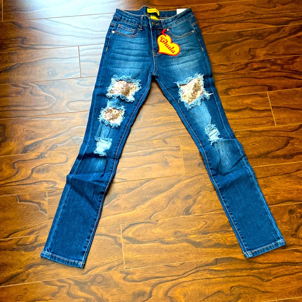 🆕 Girls size 12 dark blue denim skinny jeans with sequin patches on the thighs